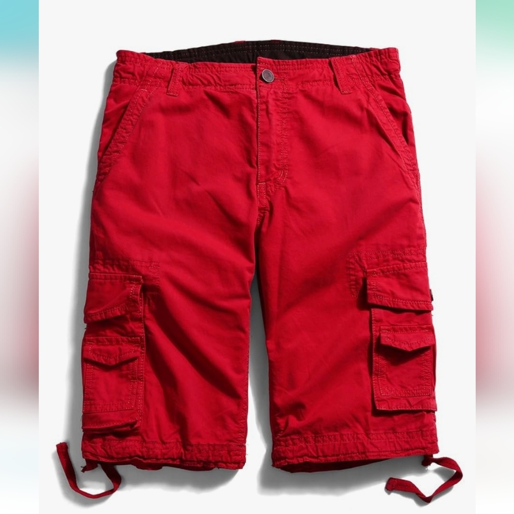 Men's Red Cargo Shorts Loose Fit Casual Multi Pockets